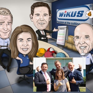 May include: A cartoon illustration of a group of people in a meeting. The people are sitting around a table and discussing ideas. The company logo "WIKUS Precision at the cutting edge" is visible on the wall behind them. A smaller photo of a group of people standing outside is in the lower right corner of the image.