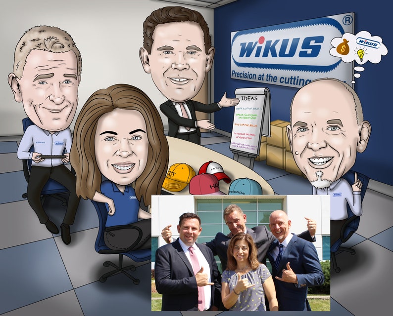 May include: A cartoon illustration of a group of people in a meeting. The people are sitting around a table and discussing ideas. The company logo "WIKUS Precision at the cutting edge" is visible on the wall behind them. A smaller photo of a group of people standing outside is in the lower right corner of the image.