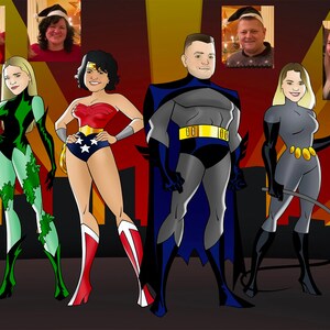 May include: A digital illustration of five people dressed as superheroes. The characters are Batman, Wonder Woman, Poison Ivy, Catwoman, and a fifth character. The background is a cityscape with a red and yellow gradient.