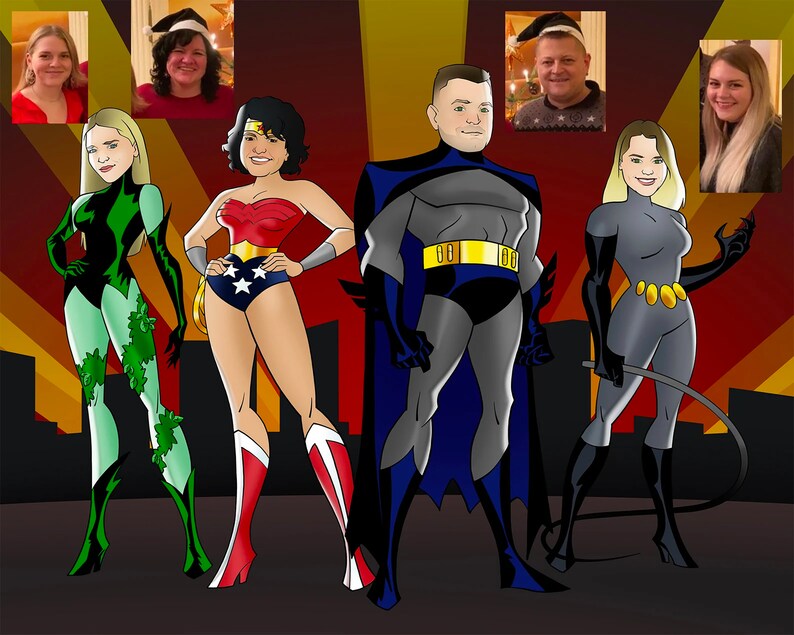 May include: A digital illustration of five people dressed as superheroes. The characters are Batman, Wonder Woman, Poison Ivy, Catwoman, and a fifth character. The background is a cityscape with a red and yellow gradient.