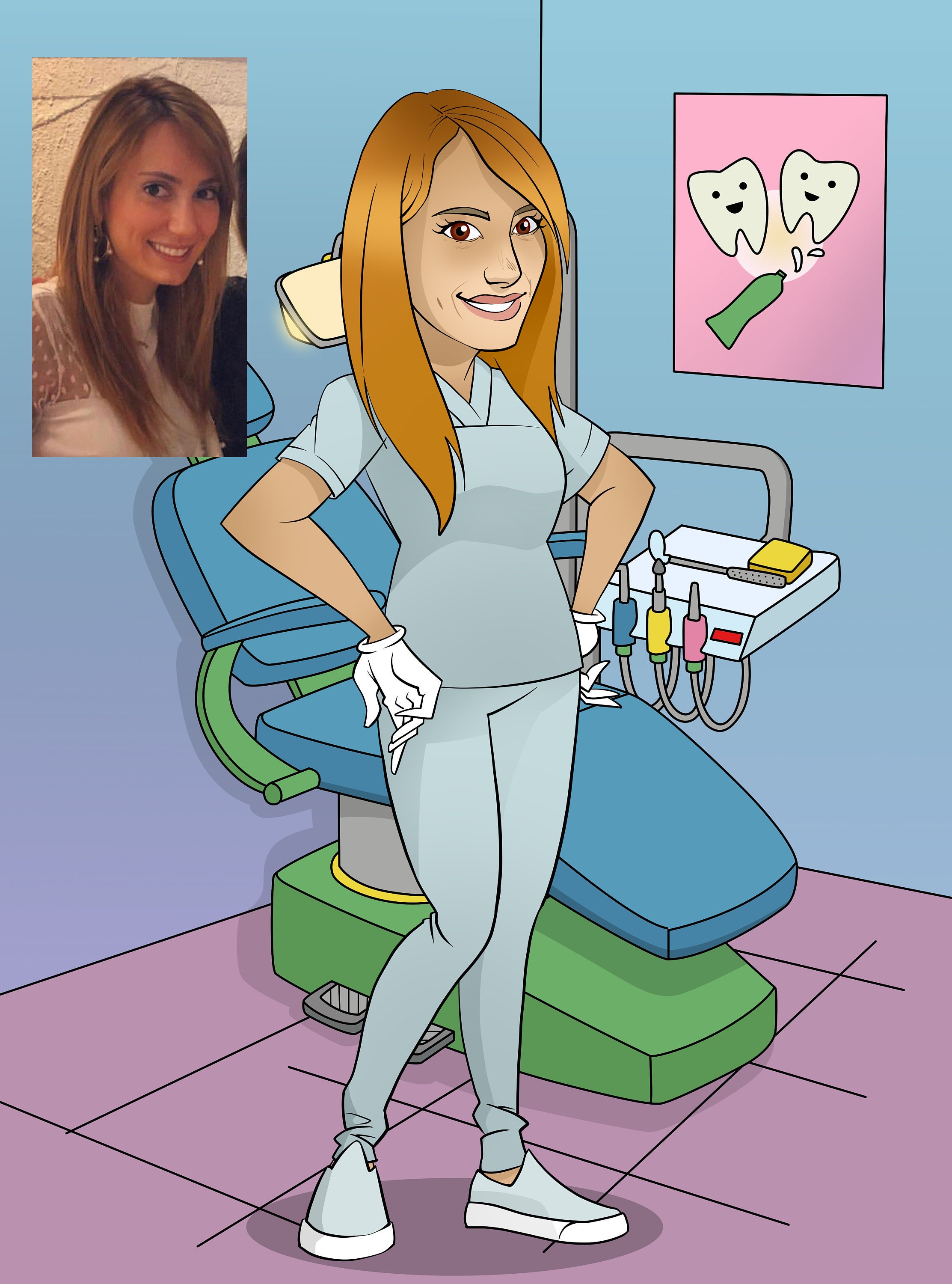Labor Day Gift Female Dentist gift - medical gift, custom cartoon portrait will be good for graduation, for dental and for hygienist