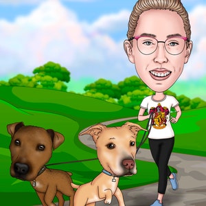 Dog Lover Gift - Custom Caricature portrait, dog walker gift