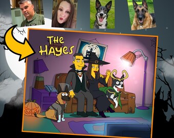 Puede incluir: Retrato de dibujos animados al estilo de Los Simpson, que representa a una familia en un ambiente de Halloween. La imagen muestra a dos adultos, dos perros y el texto "The Hayes". El fondo incluye una calabaza, una luna y una casa embrujada.