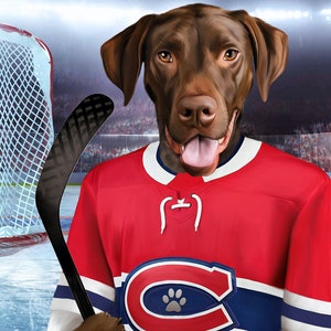 May include: A brown dog wearing a red, white and blue hockey jersey with a paw print on the "C". The dog is holding a black hockey stick.