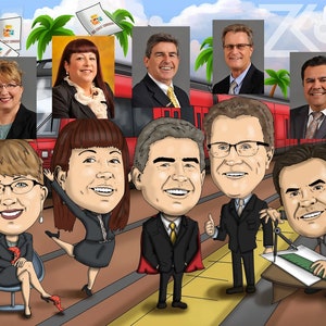 May include: A group of eight cartoon characters, some wearing suits and others in casual attire, are standing in front of a red train. The characters are smiling and appear to be having a good time. The background is a blue sky with white clouds.