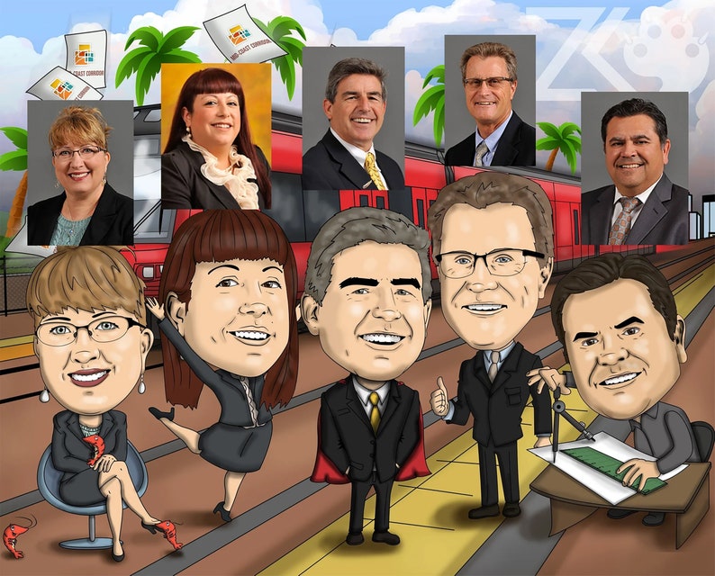 May include: A group of eight cartoon characters, some wearing suits and others in casual attire, are standing in front of a red train. The characters are smiling and appear to be having a good time. The background is a blue sky with white clouds.