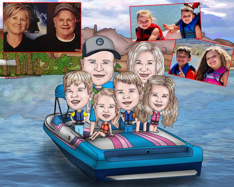 May include: A cartoon illustration of a family on a blue and pink boat, with a background of water and a landscape. The family members are wearing life vests. Two smaller images of the family are in the upper corners.