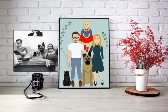 Custom Family Illustration with pets, custom couple Illustration, cartoon pet portrait, wedding gift, wedding portrait