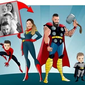 May include: A family of five dressed as superheroes. The father is dressed as Thor, the mother is dressed as Captain Marvel, the oldest son is dressed as Spider-Man, the youngest son is dressed as Batman, and the daughter is dressed as a superhero with a red cape and a blue suit.