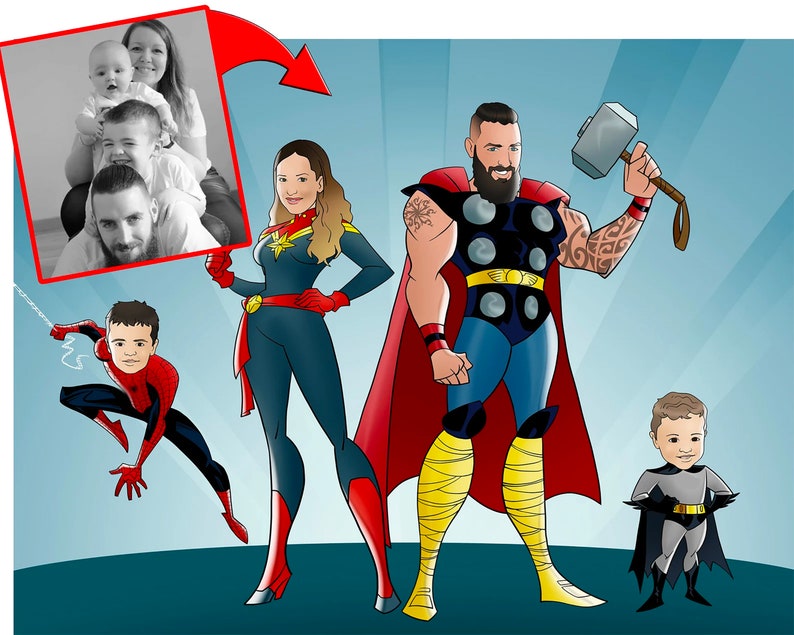 May include: A family of five dressed as superheroes. The father is dressed as Thor, the mother is dressed as Captain Marvel, the oldest son is dressed as Spider-Man, the youngest son is dressed as Batman, and the daughter is dressed as a superhero with a red cape and a blue suit.