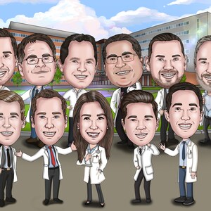 May include: A group of 10 people wearing white coats and smiling. They are standing in front of a building with a blue sky and white clouds in the background.