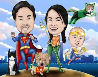 Valentines day gift - Superhero Family portrait - caricature drawing from photo. Super family illustration. Personalized mothers day gift