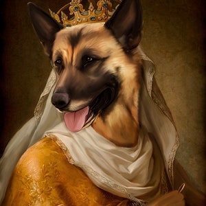 Pu&ograve; includere: Ritratto regale di un pastore tedesco con corona d'oro e velo bianco. Il cane indossa una veste d'oro e bianca e tiene in mano un piccolo anello d'oro. L'opera d'arte ha un'estetica classica e vintage.