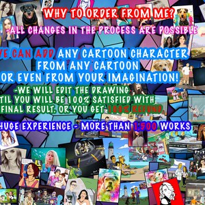 May include: A collage of cartoon portraits and illustrations, with text overlayed. The text reads "WHY TO ORDER FROM ME?" and highlights the ability to add cartoon characters, edit drawings, and a satisfaction guarantee. The collage includes various cartoon styles.