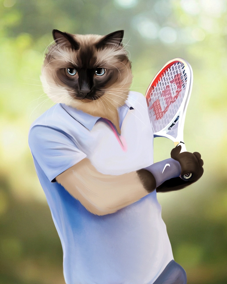 May include: A digital painting of a cat wearing a light blue polo shirt and holding a tennis racket. The cat has brown and cream fur with blue eyes. The racket is white and red, and the cat is wearing a black and white Nike wristband.