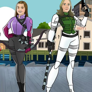 May include: Two women dressed as superheroes stand on a wooden dock. The woman on the left is wearing a purple shirt, black pants, and a bow and arrow. The woman on the right is wearing a white jumpsuit with a green vest and is holding a staff and a gun. The background is a blue sky with white clouds and a building with the word "Salty's" on it.