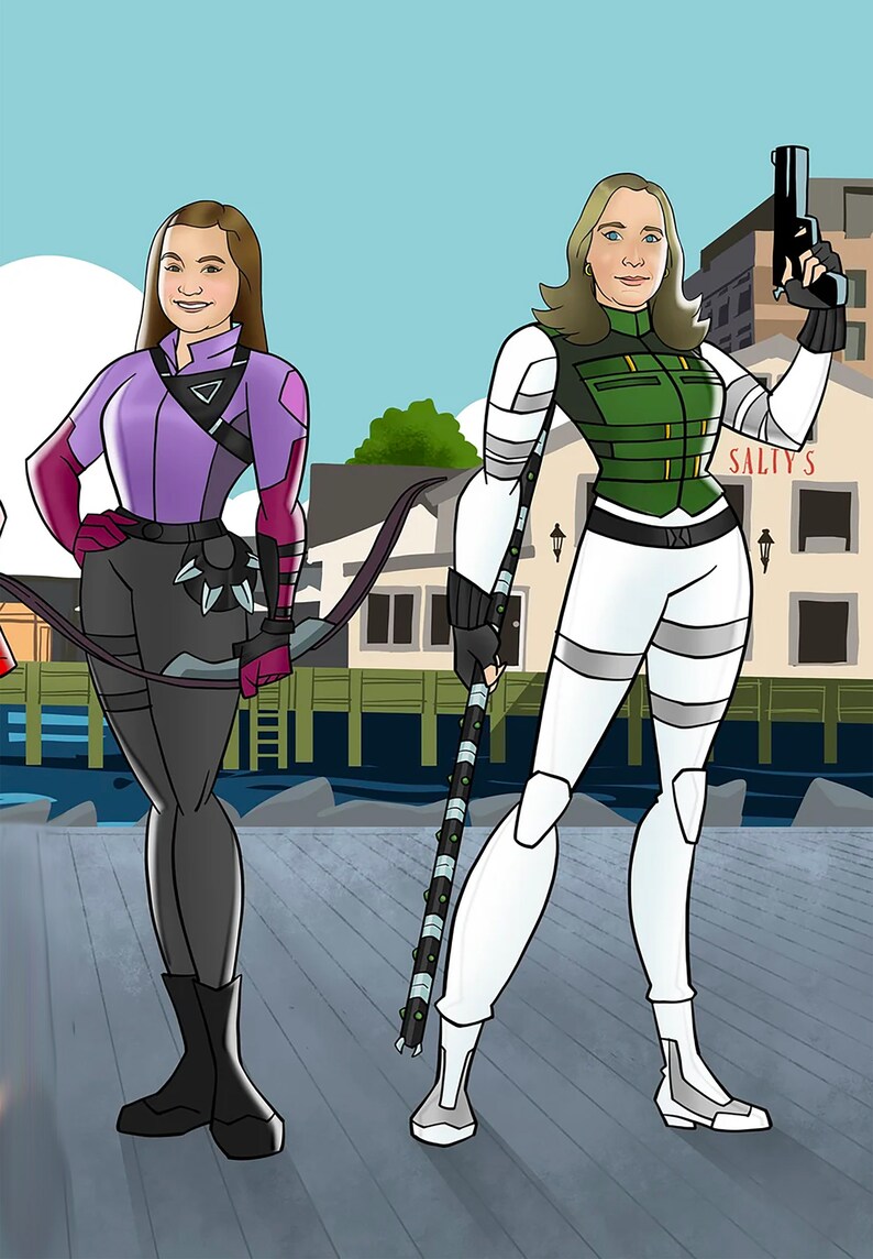 May include: Two women dressed as superheroes stand on a wooden dock. The woman on the left is wearing a purple shirt, black pants, and a bow and arrow. The woman on the right is wearing a white jumpsuit with a green vest and is holding a staff and a gun. The background is a blue sky with white clouds and a building with the word "Salty's" on it.