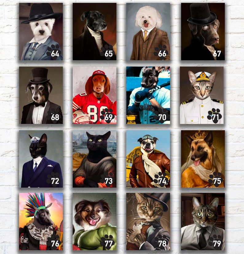 Pu&ograve; includere: Una collezione di ritratti incorniciati con vari animali vestiti con abiti umani. I ritratti includono un cane in abito, un gatto in uniforme navale e un cane in uniforme da baseball. Ogni ritratto ha un numero in basso a destra.