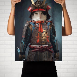 May include: A white and black cat dressed as a samurai warrior. The cat is wearing a red and gold helmet with a blue and gold armor. The cat is holding a sword in its right paw.