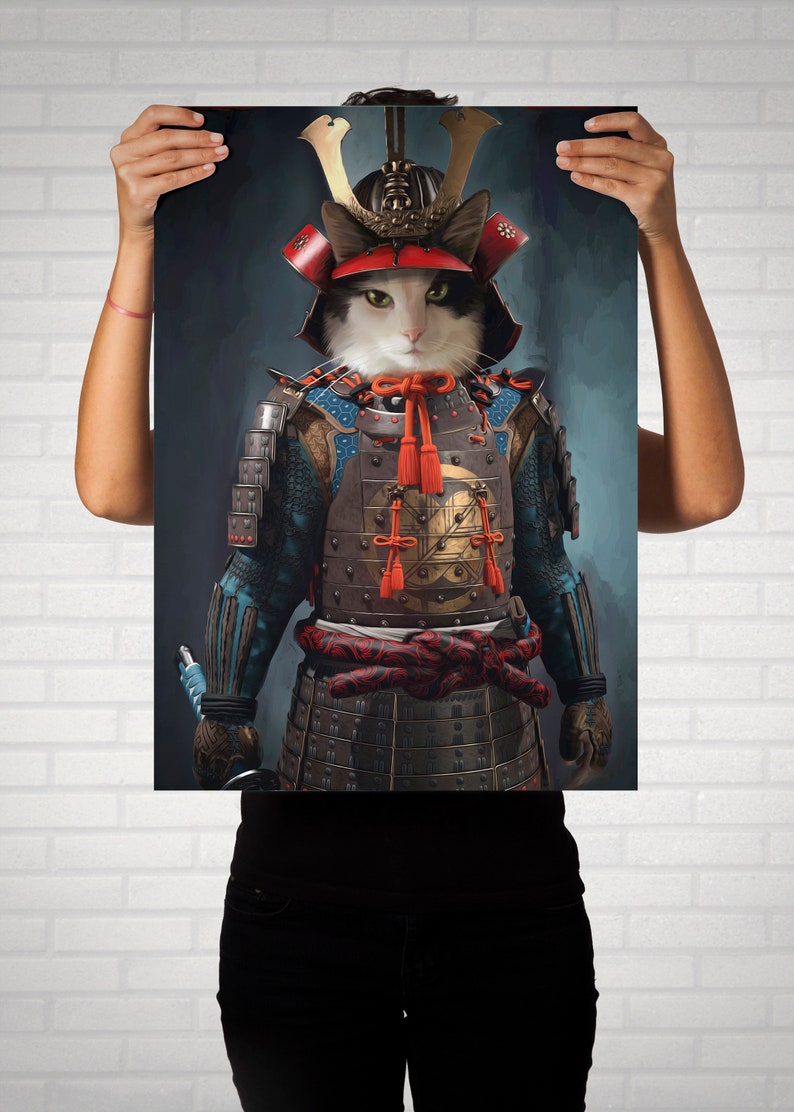 May include: A white and black cat dressed as a samurai warrior. The cat is wearing a red and gold helmet with a blue and gold armor. The cat is holding a sword in its right paw.