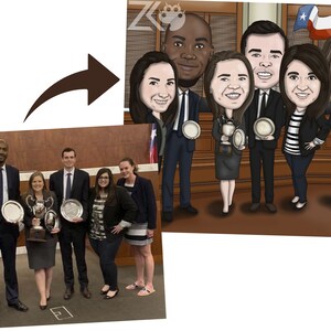 May include: A group of seven people, including a man and six women, are standing in a courtroom. They are all wearing suits and holding trophies. The courtroom is decorated with wood paneling and a Texas flag.