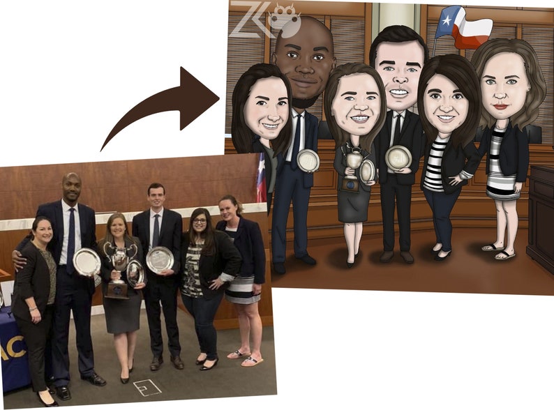 May include: A group of seven people, including a man and six women, are standing in a courtroom. They are all wearing suits and holding trophies. The courtroom is decorated with wood paneling and a Texas flag.