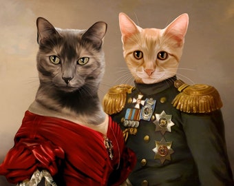 Two Cats Portrait, Royal Cat Portrait, Cat Owner Gift