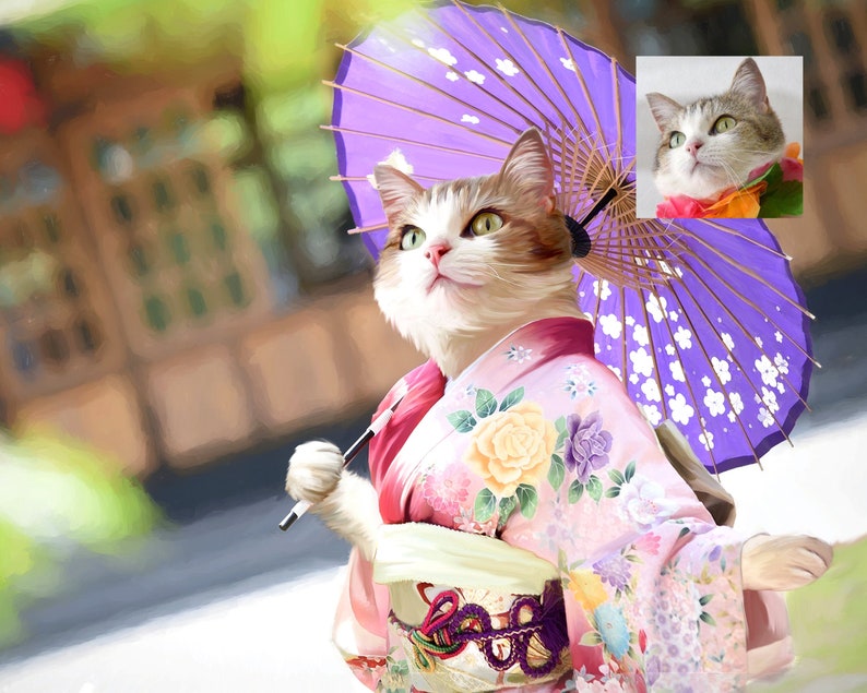 May include: A cat wearing a pink and white kimono with floral patterns, holding a purple and white umbrella. The cat has white fur with brown tabby markings and green eyes.