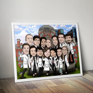 May include: A framed cartoon illustration of a group of people in white lab coats, standing in front of a red brick building with a domed roof. The illustration has a whimsical style, with exaggerated features and bright colors. The frame is white.