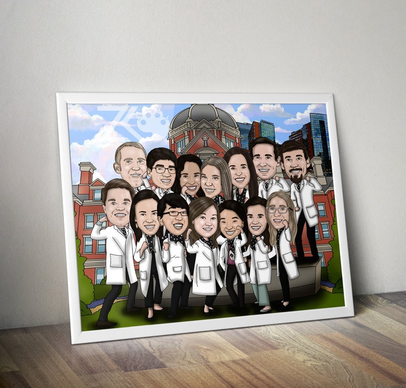 May include: A framed cartoon illustration of a group of people in white lab coats, standing in front of a red brick building with a domed roof. The illustration has a whimsical style, with exaggerated features and bright colors. The frame is white.