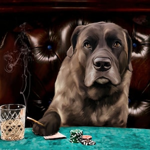 May include: A brown dog sits at a green felt table with a glass of whiskey, a pen, and poker chips. The dog is wearing a serious expression and appears to be playing a game of poker.