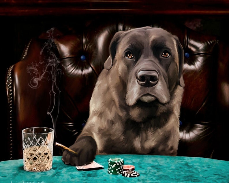 May include: A brown dog sits at a green felt table with a glass of whiskey, a pen, and poker chips. The dog is wearing a serious expression and appears to be playing a game of poker.