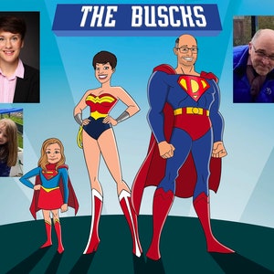May include: A digital illustration of a family dressed as superheroes. The father is Superman, the mother is Wonder Woman, and the two daughters are Supergirl. The illustration is in a cartoon style and has a blue background with a white spotlight.