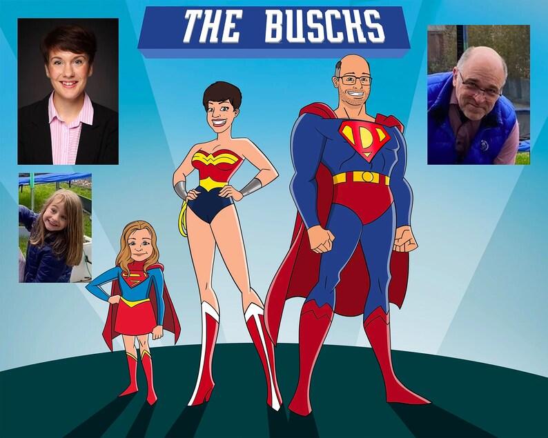 May include: A digital illustration of a family dressed as superheroes. The father is Superman, the mother is Wonder Woman, and the two daughters are Supergirl. The illustration is in a cartoon style and has a blue background with a white spotlight.