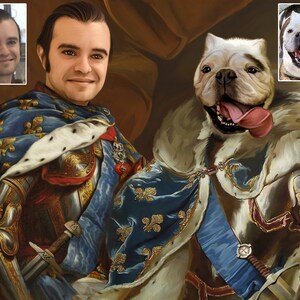 Op de afbeelding: Een schilderij van een persoon en een hond in een koninklijke setting. De persoon draagt een blauwe en gouden robe met een kroon en houdt een zwaard vast. De hond draagt een witte, bontgevoerde robe en heeft een kroon op zijn kop. Het schilderij is gemaakt in een realistische stijl en heeft een warme kleurenpalet.