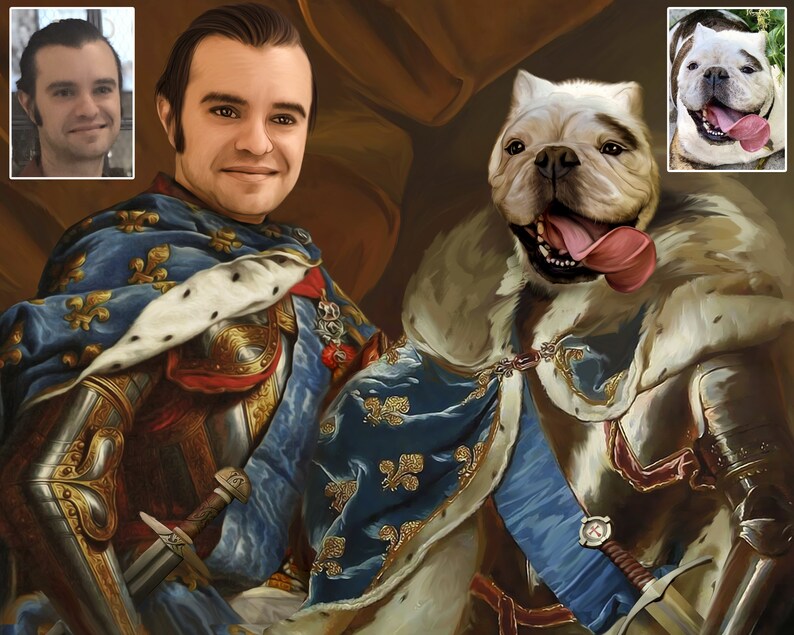 Op de afbeelding: Een schilderij van een persoon en een hond in een koninklijke setting. De persoon draagt een blauwe en gouden robe met een kroon en houdt een zwaard vast. De hond draagt een witte, bontgevoerde robe en heeft een kroon op zijn kop. Het schilderij is gemaakt in een realistische stijl en heeft een warme kleurenpalet.