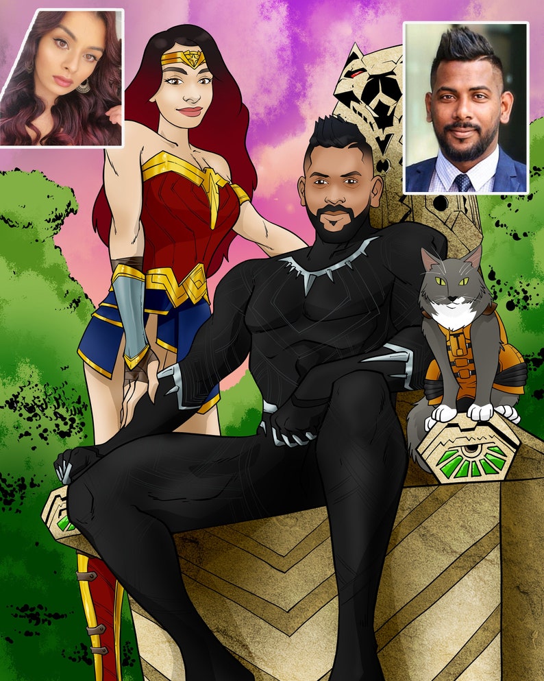 May include: A digital illustration of a couple dressed as superheroes. The woman is dressed as Wonder Woman, wearing a red and gold costume. The man is dressed as Black Panther, wearing a black suit with a gold necklace. A cat is sitting on a stone throne behind them.
