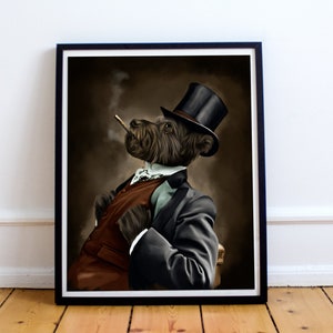 May include: A black and brown dog wearing a black suit, a white vest, and a top hat. The dog is holding a cigar in its mouth and has a serious expression on its face.