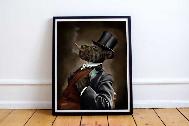 May include: A black and brown dog wearing a black suit, a white vest, and a top hat. The dog is holding a cigar in its mouth and has a serious expression on its face.