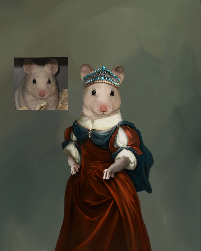 K&ouml;nnte beinhalten: Ein wei&szlig;es Hamster, das eine blaue und silberne Krone und ein rotes und blaues Kleid tr&auml;gt. Der Hamster schaut in die Kamera.