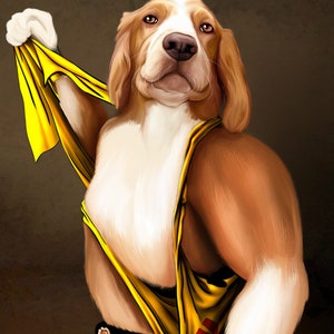 May include: Digital art of a dog with brown and white fur, wearing a yellow tank top and holding a yellow cloth. The dog has a serious expression and is posed as if flexing its arm. The background is a dark brown color.