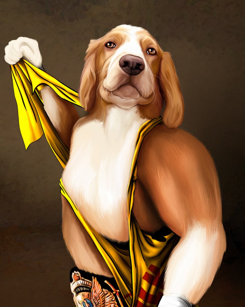 May include: Digital art of a dog with brown and white fur, wearing a yellow tank top and holding a yellow cloth. The dog has a serious expression and is posed as if flexing its arm. The background is a dark brown color.