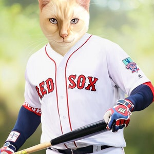 May include: A digital illustration of a cat wearing a white baseball jersey with "RED SOX" in red lettering. The cat is holding a baseball bat and wearing blue and red gloves and arm sleeves.
