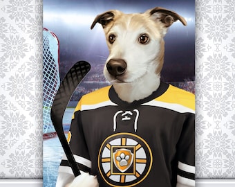 Cadeau hockey Boston, cadeau pour amateur de hockey, cadeau LNH, portrait d'animal de compagnie personnalisé, chien joueur de hockey