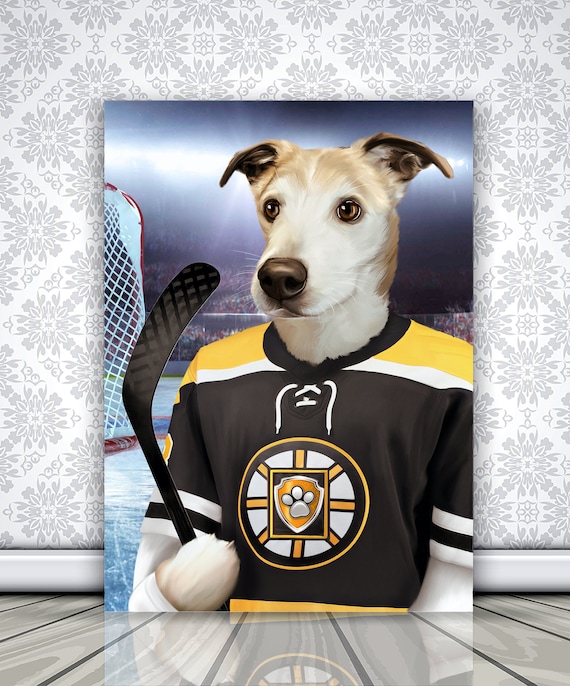 Boston Hockey Gift, Hockey Lover Gift, NHL Gift, Custom Pet Portrait, Hockey Player Dog
