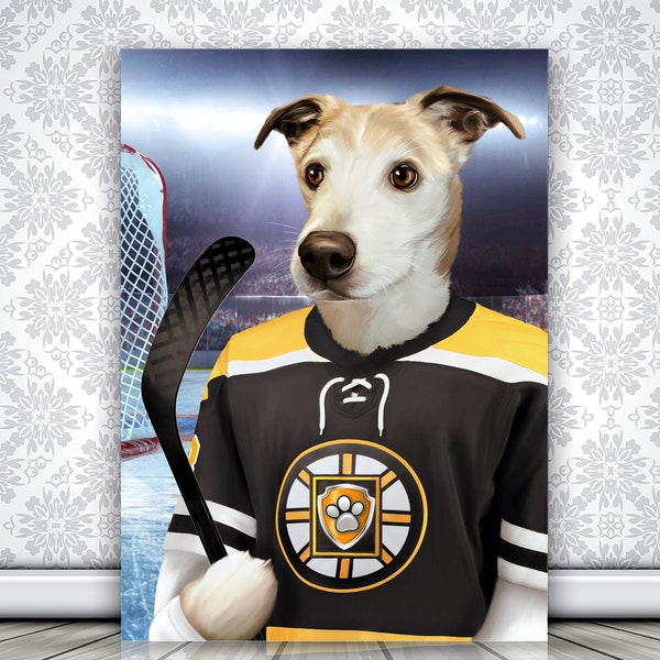 Boston Hockey Gift, Hockey Lover Gift, NHL Gift, Custom Pet Portrait, Hockey Player Dog