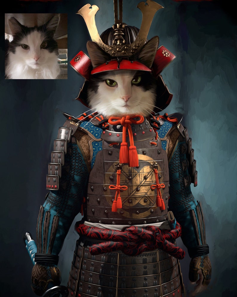 May include: A black and white cat dressed as a samurai warrior. The cat is wearing a red and gold helmet with a black face mask, a blue and gold armor, and a red sash. The cat is holding a sword in its right paw.