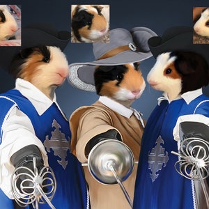 K&ouml;nnte beinhalten: Drei Meerschweinchen, die als Musketiere verkleidet sind, tragen blaue und wei&szlig;e Kost&uuml;me mit einem Kreuz auf der Brust, halten Schwerter und tragen H&uuml;te. Die Meerschweinchen sind braun, schwarz und wei&szlig;.