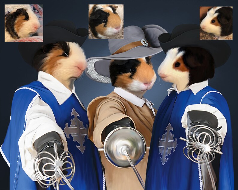 K&ouml;nnte beinhalten: Drei Meerschweinchen, die als Musketiere verkleidet sind, tragen blaue und wei&szlig;e Kost&uuml;me mit einem Kreuz auf der Brust, halten Schwerter und tragen H&uuml;te. Die Meerschweinchen sind braun, schwarz und wei&szlig;.