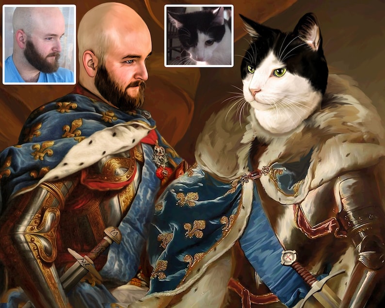 Op de afbeelding: Een schilderij van een persoon en een kat gekleed in koninklijke kleding. De persoon draagt een blauwe en gouden robe met een kroon en een zwaard. De kat draagt een witte en gouden robe met een kroon en een zwaard. Het schilderij is in Renaissance-stijl.